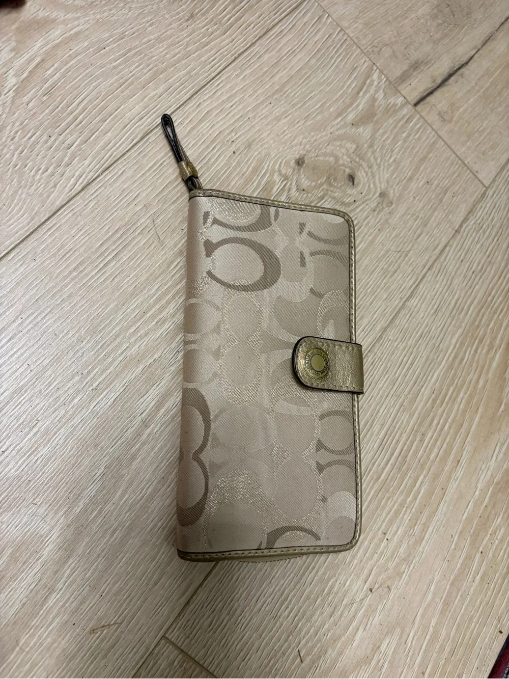 Coach Beige Jacquard Signature Snap Wallet with Gold Trim